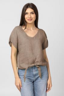 Bluza din in cu nod, decolteu in V si detaliu auriu pe spate, bej inchis