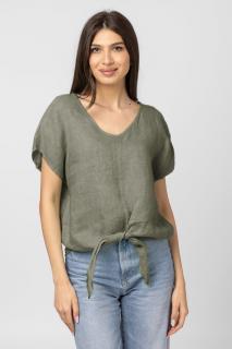 Bluza din in cu nod, decolteu in V si detaliu auriu pe spate, kaki deschis