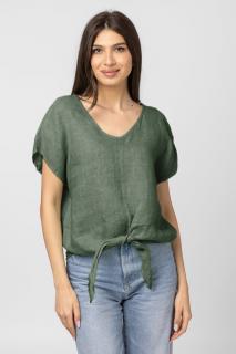Bluza din in cu nod, decolteu in V si detaliu auriu pe spate, kaki