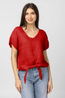 Bluza din in cu nod, decolteu in V si detaliu auriu pe spate, rosie