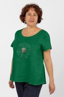 Bluza din in verde, cu floare si paiete fine pe piept