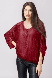Bluza din matase naturala bordo brodata si dantela pe spate si nasturei