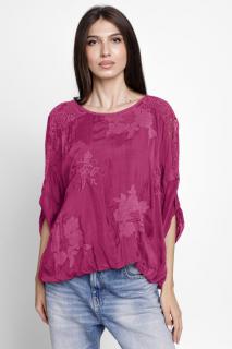 Bluza din matase naturala brodata, cu dantela pe spate, magenta