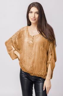 Bluza din matase naturala camel brodata si dantela pe spate si nasturei
