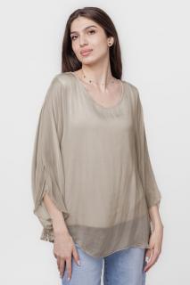 Bluza din matase naturala cu maneca clopot, bej inchis