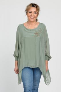 Bluza din matase naturala in colturi cu broderie cu paiete aurii mate, kaki