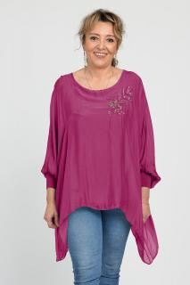 Bluza din matase naturala in colturi cu broderie cu paiete aurii mate, mov zmeura