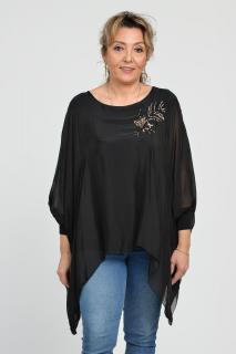 Bluza din matase naturala in colturi cu broderie cu paiete aurii mate, neagra