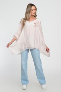 Bluza din matase naturala in colturi cu broderie cu paiete aurii mate, roz