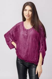 Bluza din matase naturala magenta brodata si dantela pe spate si nasturei