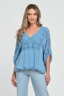 Bluza din matase naturala platca brodata, cu dantela pe maneci si pe spate, albastru jeans
