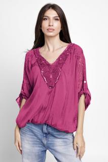 Bluza din matase naturala platca brodata, cu paiete fine si cu dantela pe spate, magenta