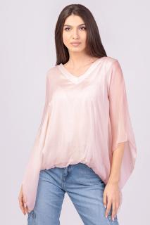 Bluza din matase naturala roz pal, cu decolteu in V in fata si pe spate
