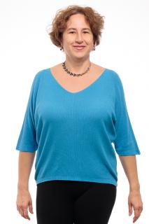 Bluza fin tricotata bob de orez, cu maneca fluture 3 4, albastru azuriu