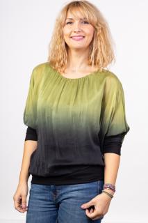 Bluza in degrade din matase naturala cu maneca lunga fluture si elastic la poale - verde praz negru