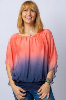Bluza in degrade din matase naturala cu maneca scurta fluture si elastic la poale corai  bleumarin