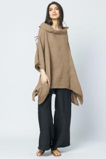 Bluza lunga in colturi, din in, cu gluga, camel