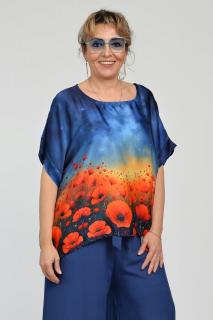 Bluza maneca scurta din matase si vascoza, imprimeu pictural cu maci