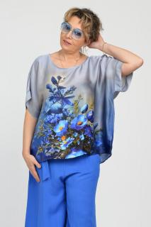 Bluza maneca scurta din matase si vascoza, imprimeu pictural flori albastre