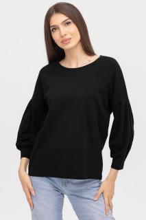 Bluza uni cu maneca bufanta din tricot de bumbac, neagra