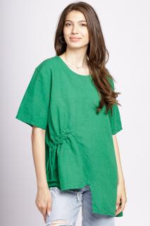 Bluza verde din in, asimetrica, cu siret lateral