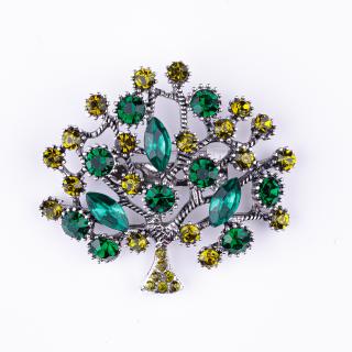 Brosa metalica argintie Pomul Vietii cu pietricele verde inchis si deschis