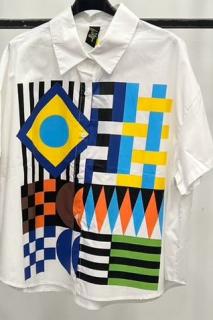 Camasa alba din poplin satinat de bumbac, cu imprimeu geometric color