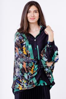 Camasa din satin oversize, cu maneci bufante si imprimeu jungle pe fond negru