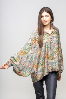 Camasa din satin oversize, cu maneci bufante si imprimeu oriental
