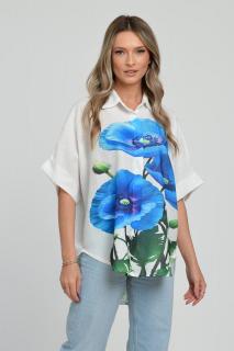 Camasa oversize cu maneca scurta din in si vascoza, imprimeu flori albastre