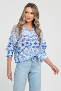 Camasa vaporoasa cu imprimeu geometric in nuante de bleu si albastru