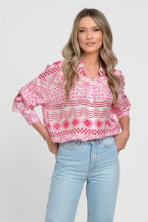 Camasa vaporoasa cu imprimeu geometric in nuante de roz si fucsia