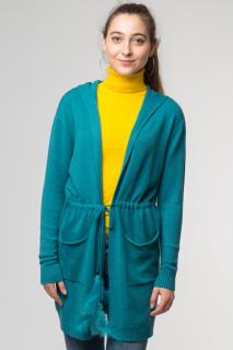 Cardigan turcoaz midi tricotat, cu gluga si buzunare