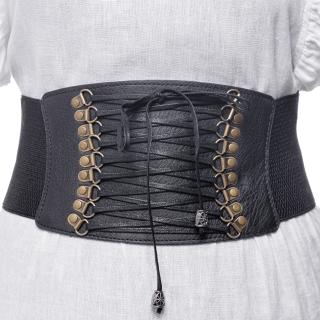 Centura corset lata din piele ecologica cu siret si elemente metalice aurii patinate