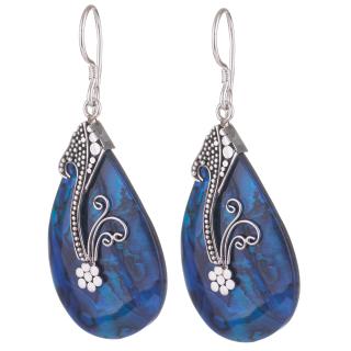 Cercei din argint 925 cu scoica naturala paua shell albastra si decoratiune florala de argint