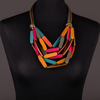 Colier multicolor din lemn galben-fucsia-turcoaz