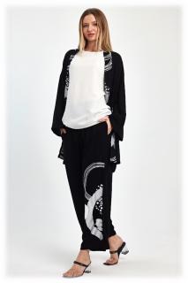 Compleu 3 piese cu bluza alba, pantaloni si blazer negre cu imprimeu argintiu metalizat