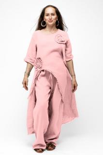 Compleu cu flori aplicate din in, cu bluza tunica mai lunga in spate si pantaloni, roz prafuit