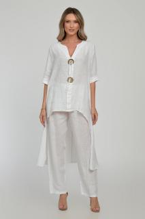 Compleu din in, cu nasturi decorativi, cu pantaloni si bluza tunica mai lunga in spate, alb