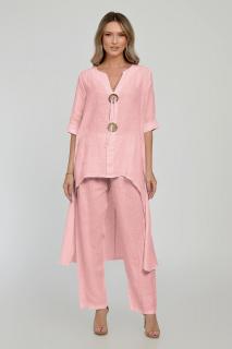Compleu din in, cu nasturi decorativi, cu pantaloni si bluza tunica mai lunga in spate, roz