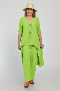 Compleu din in, cu nasturi decorativi, cu pantaloni si bluza tunica mai lunga in spate, verde deschis
