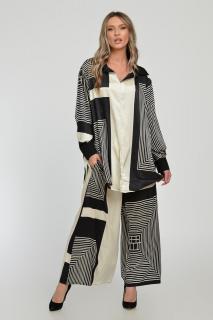 Compleu satinat elegant cu pantaloni din vascoza cu imprimeu jocuri de linii alb cu negru