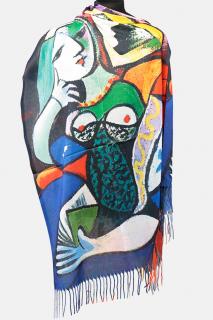 Esarfa cashmere cu fir de lurex, doua fete imprimata cu reproducere dupa    Femeie cu carte   lui Picasso