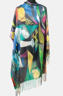 Esarfa cashmere cu fir de lurex, doua fete imprimata cu reproduceri supraealiste dupa Picasso