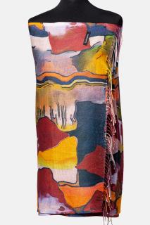 Esarfa cashmere cu fir din lurex, model abstract bordo, verde si portocaliu