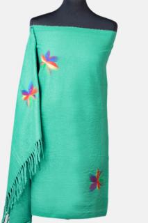 Esarfa cashmere dreptunghiulara verde cu flori multicolore