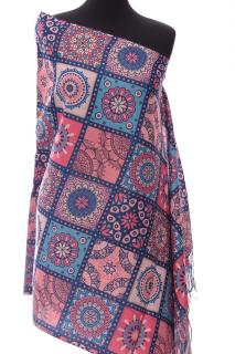 Esarfa casmir dreptunghiulara cu patrate modele marocane in nuante de albastru-fucsia