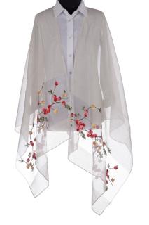 Esarfa din matase alb unt, cu broderie flori pe fond transparent de organza