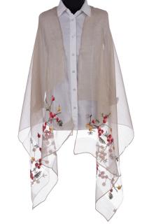 Esarfa din matase bej, cu broderie flori pe fond transparent de organza