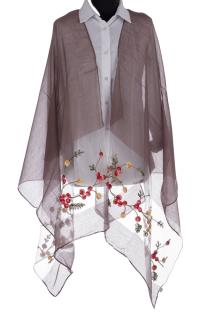 Esarfa din matase fango, cu broderie flori pe fond transparent de organza